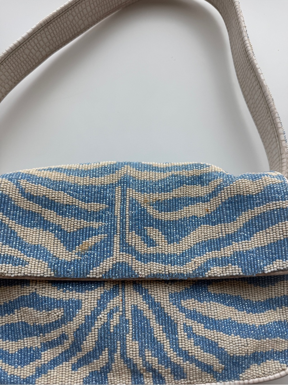 STAUD Blue and Cream Tommy Beaded Zebra-Print Shoulder Bag - Picture 5 of 7